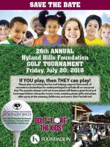 26th annual Hyland Hills Foundation Golf Tournament announcement for Friday, July 20, 2018