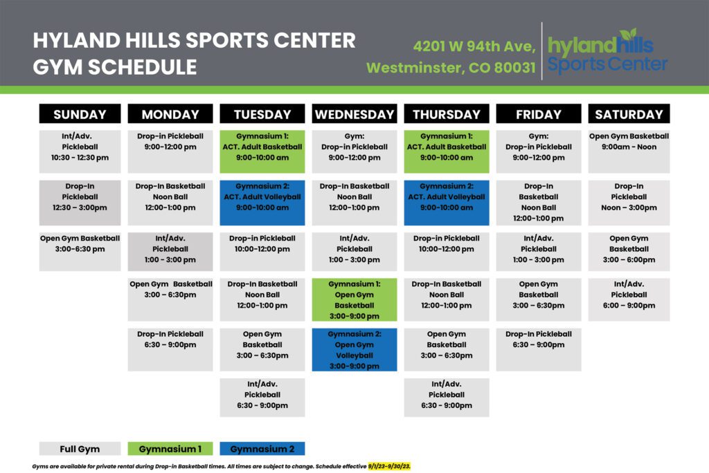 Sports Center Gym Schedule Sdept 2023